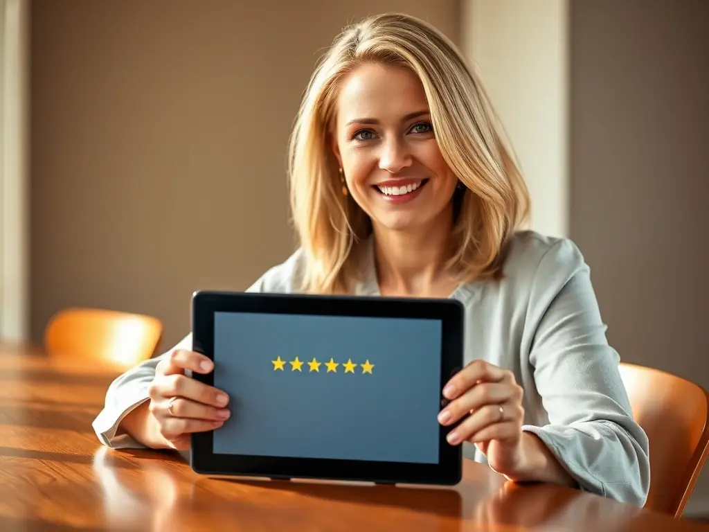 An image depicting a business owner smiling while looking at positive Google reviews on a tablet, emphasizing the impact of positive feedback on business reputation.